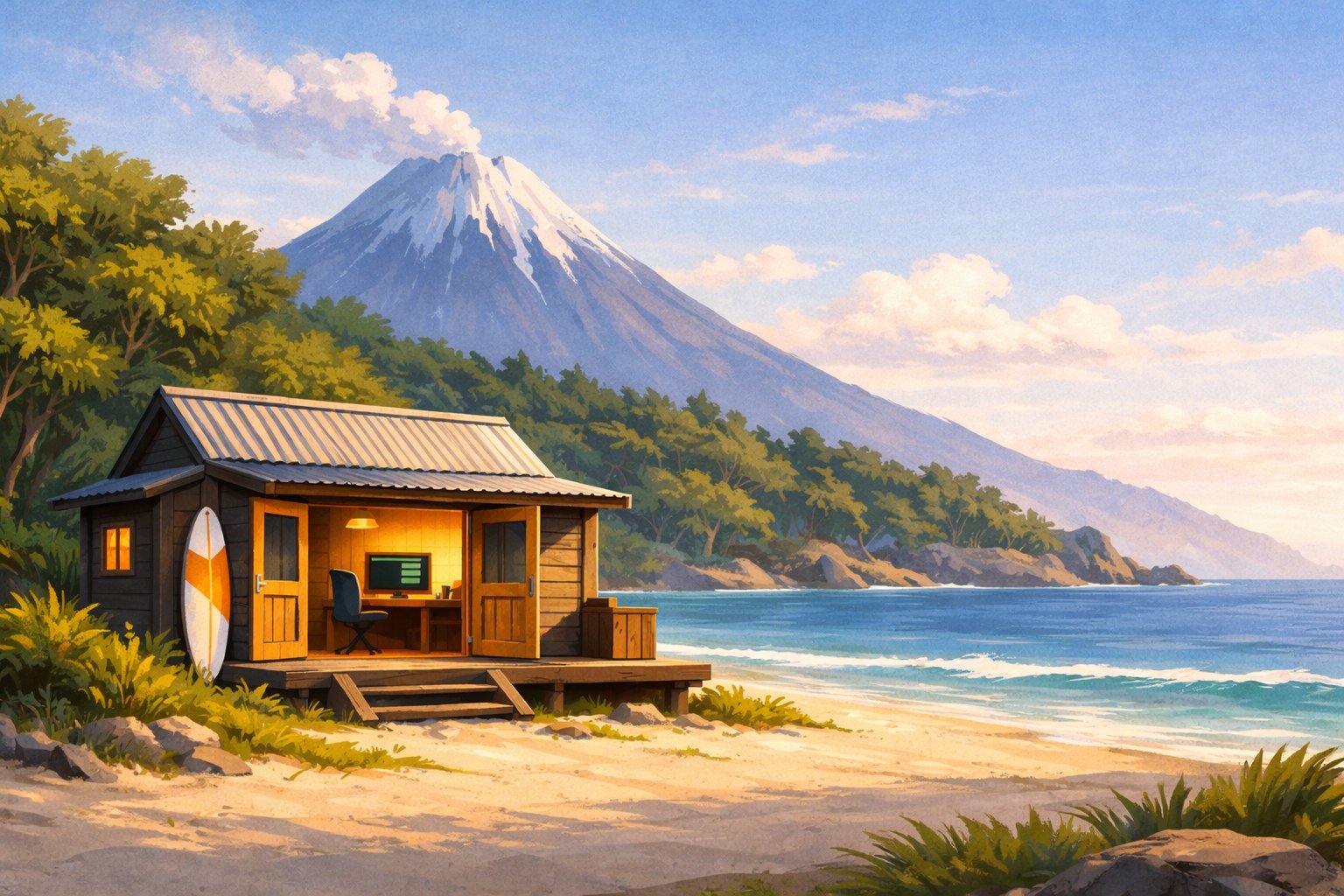 A beachside bach with warm light inside, computer on a desk, surfboard against the wall, volcanic mountain rising behind coastal bush